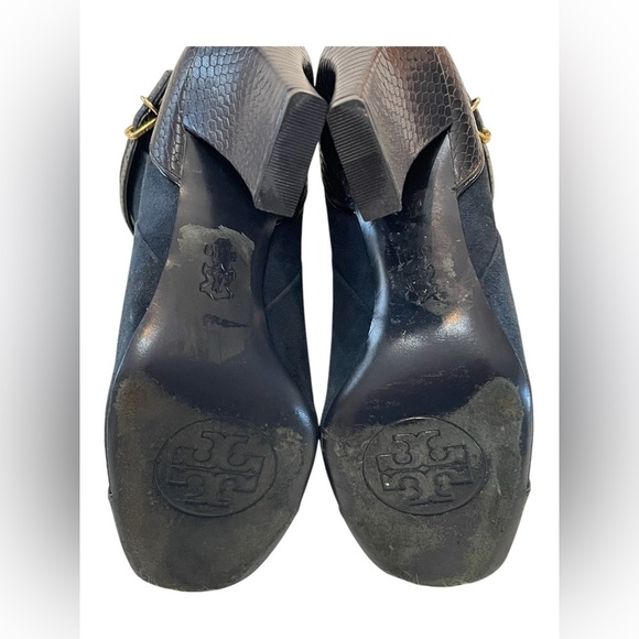 Tory‎ Burch Gracie Suede Navy Ankle Boots Embossed Alligator Leather Heeled 8.5 - Picture 10 of 15